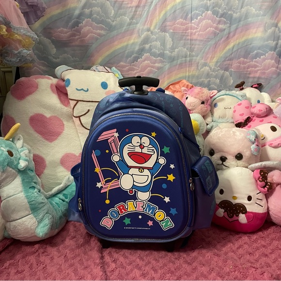 Y2k Doraemon kawaii Japanese cartoon character dark blue sparkle roll backpack - Picture 2 of 8